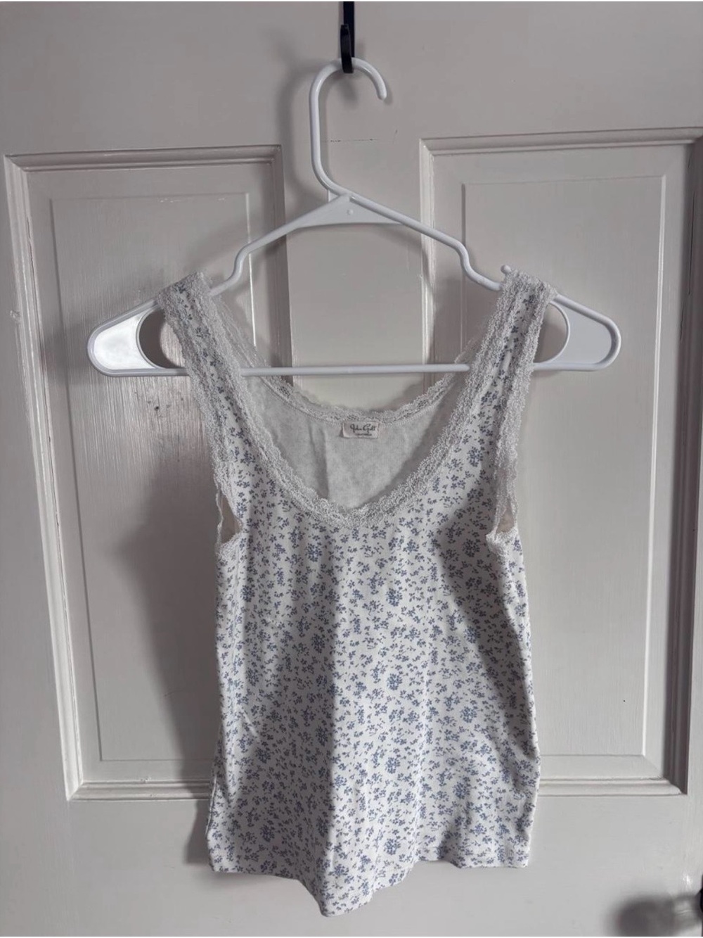 Brandy Melville White Tank with Blue Floral Print & Lace Trim